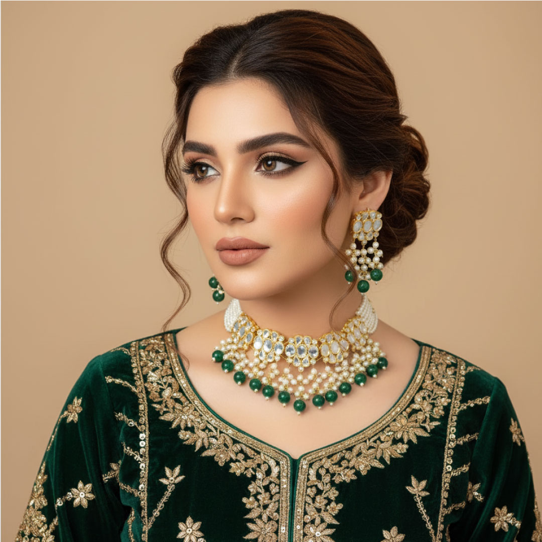 White & Green Kundan chokar Neckles Set - Image 2